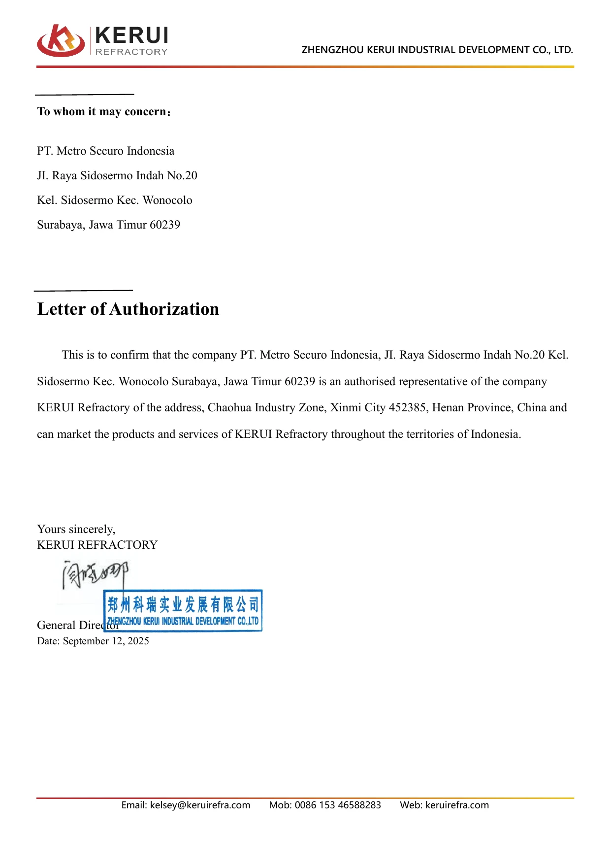 Signed Kerui Refractory letter authorizing PT Metro Securo Indonesia as its representative in Indonesia